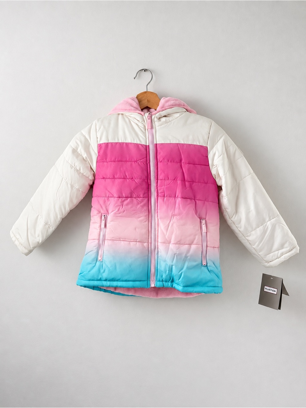 Hunter Girls Size 7 Pink Blue Ombré Puffer Jacket Hooded Coat